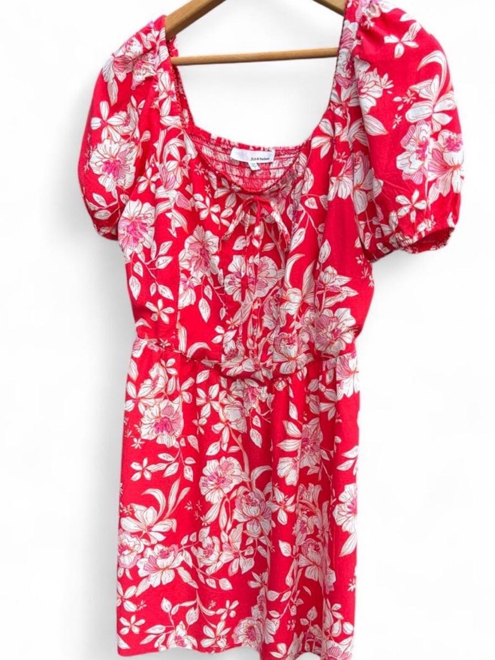 june & hudson Red Floral Puff-Sleeve dress size L new without tags